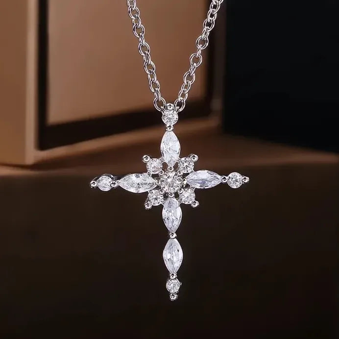 Geometric Crystal Zircon Cross Pendant Necklace for Women Jewelry