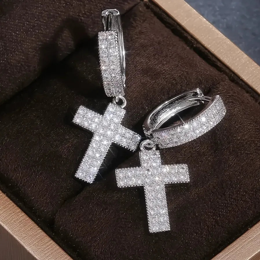 Luxury Korean Silver Cross Drop Earrings for Women with Cubic Zirconia