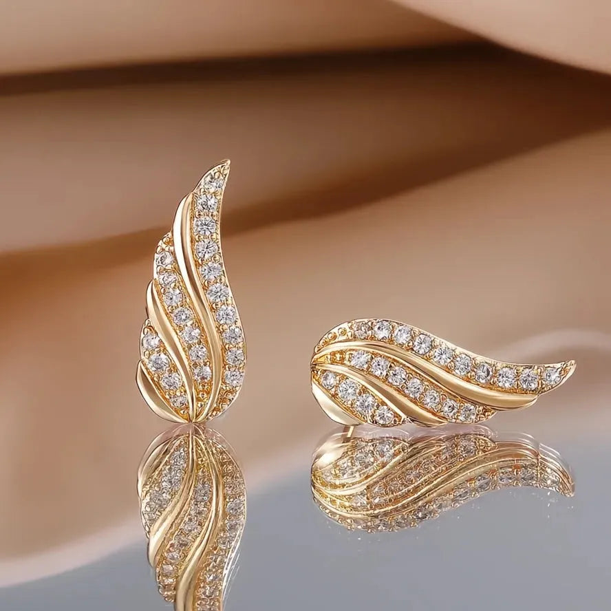 Copper Wing Stud Earrings for Women with CZ Stone, Silver & Gold Color, Geometric Design Gift Jewelry