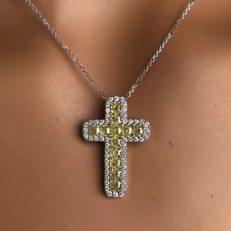 Geometric Cross Pendant Necklace with Yellow Cubic Zirconia in Copper Alloy