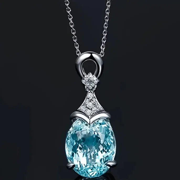 Sky Blue Cubic Zirconia Water Drop Pendant Necklace in Copper Alloy