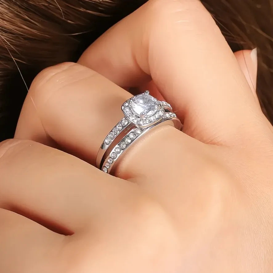2PC Bridal Wedding Engagement Rings Zinc Alloy Cubic Zirconia Prong Setting Size 5-14