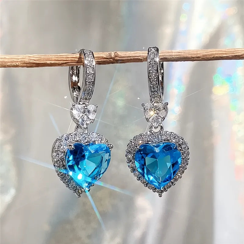 Blue Garnet Heart Cubic Zirconia Drop Earrings for Women Wedding Engagement Jewelry