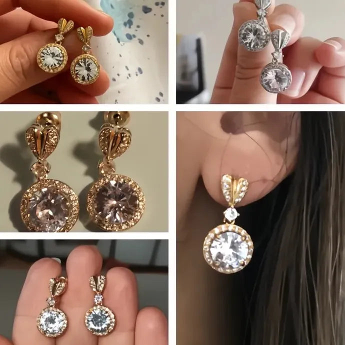 Gold Heart Copper Alloy Stud Earrings with Large Round CZ Pendant for Women