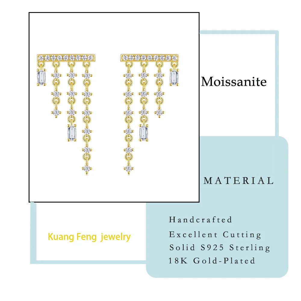 1.302CTW Moissanite Tassel Stud Earrings 925 Sterling Silver 18K Gold Plated Jewelry