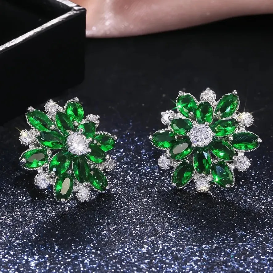Double Layer Flower Stud Earrings with Cubic Zirconia Brass, 7 Colors Gift