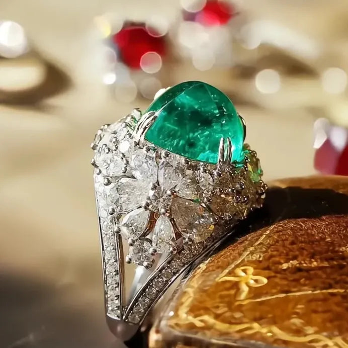 Brass Green Flower Wedding Engagement Ring with Cubic Zirconia for Women