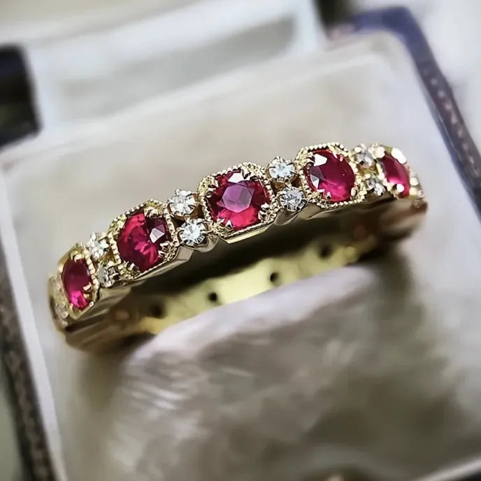 Vintage Rose Red Cubic Zirconia Gold Color Ring for Women Party Anniversary Gift