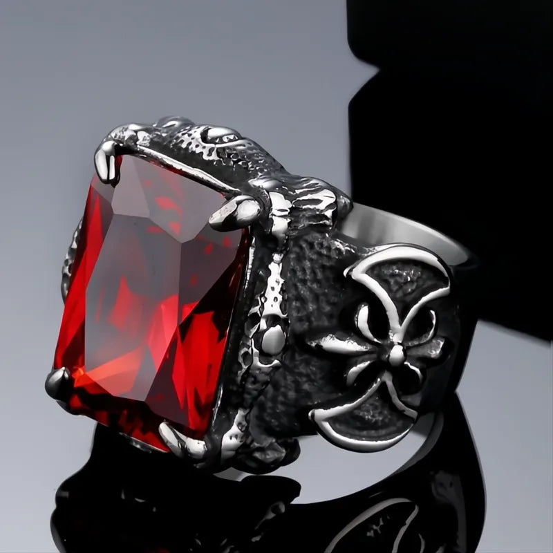 Men's Stainless Steel Viking Dragon Claw Ring with Large Zircon Stone Nordic Axe Punk Biker Jewelry