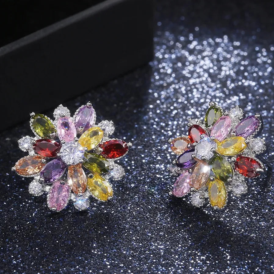 Double Layer Flower Stud Earrings for Women in 7 Colors with Cubic Zirconia