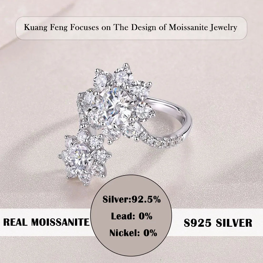 925 Sterling Silver Gold Plated Moissanite Double Flower Ring Anniversary Gift