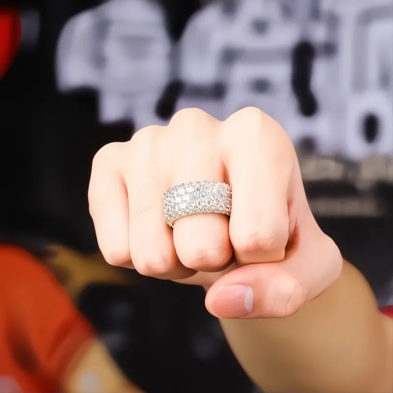 5 Row Iced Out CZ Bling Ring – Gold Silver Color Hip Hop Ring for Men