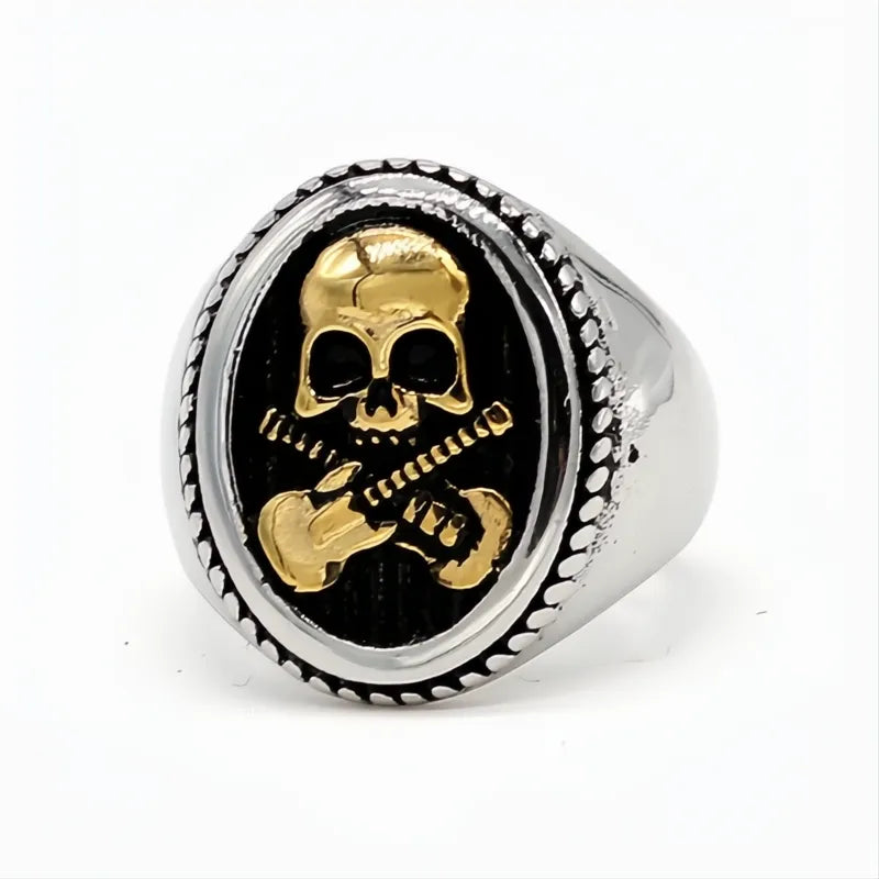 316L Stainless Steel Guitar Skull Ring Men Punk Rock Biker Signet Gold Silver Gift