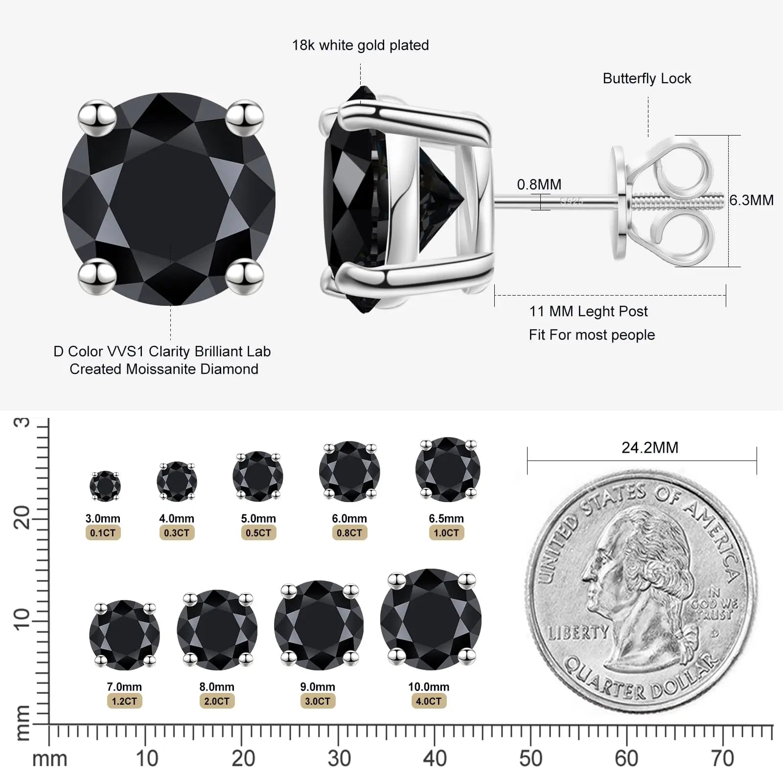 Black Moissanite Stud Earrings S925 Silver 18K Gold Plated Hip Hop Jewelry Men