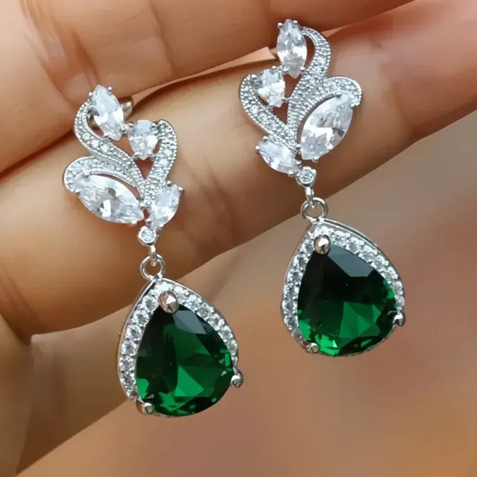 Aesthetic Green Pear Cubic Zirconia Drop Earrings Women Wedding Engagement Party Jewelry
