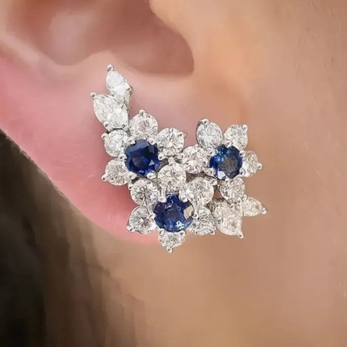 Gorgeous Women's Blue White Round Cubic Zirconia Stud Earrings Luxury Wedding Party Jewelry