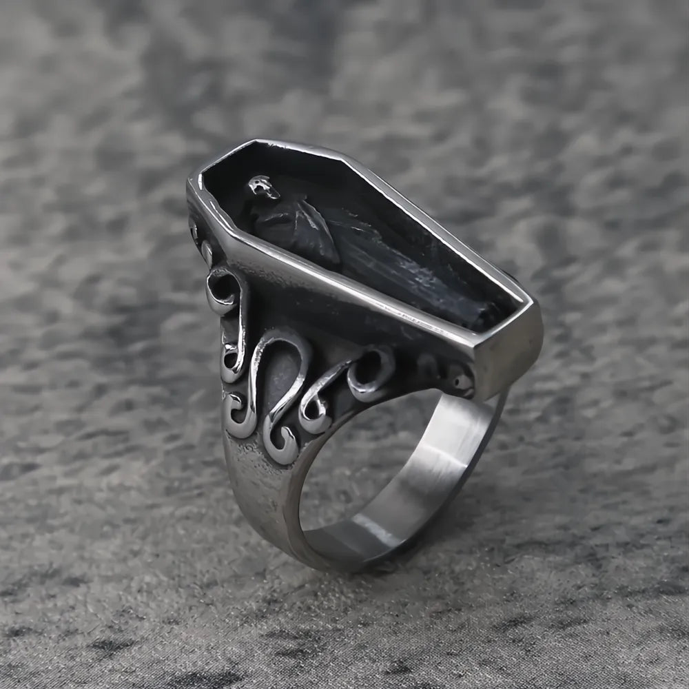 2️⃣ Vampire Skull Ring Black Stainless Steel Punk Gothic Ring Men