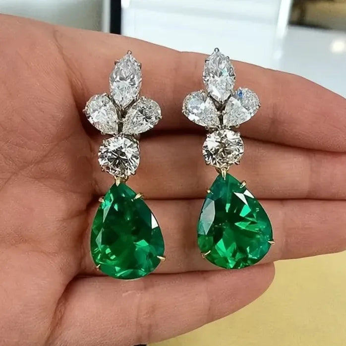 Vintage Green Drop Cubic Zirconia Brass Earrings Retro Elegant Gift for Women