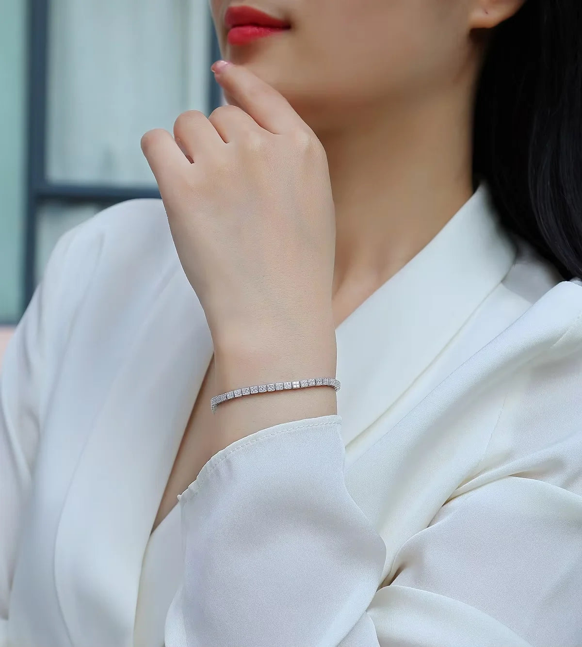 Sterling Silver 925 Tennis Chain Bracelet with Square Moissanite for Women