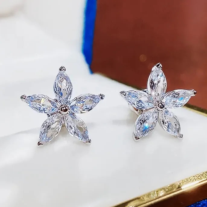 Geometric Flower Stud Earrings with Cubic Zirconia Copper Alloy Jewelry Gift Women