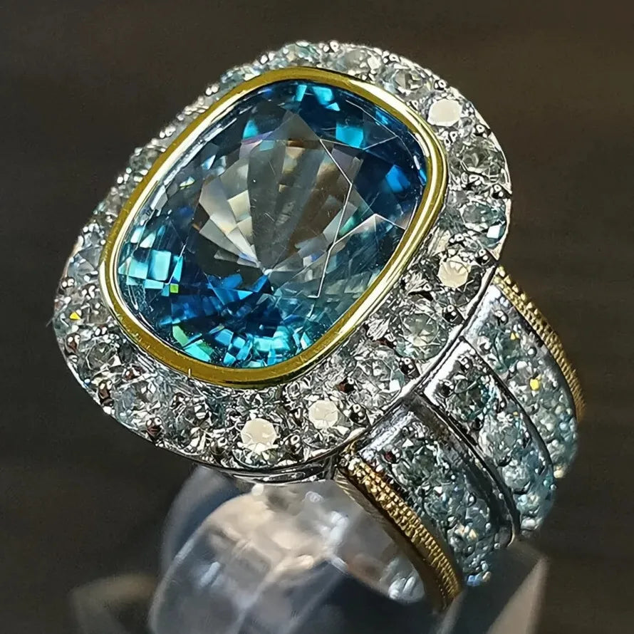 Women Two Tone Big Sky Blue Stone Ring Brass CZ Geometric Party Gift