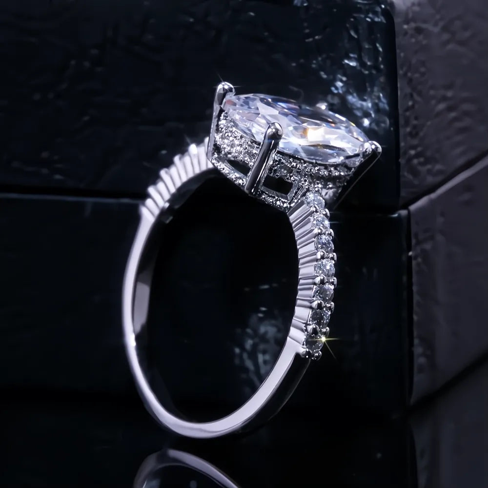 Oval Finger Ring Band with Dazzling CZ Stone Four Prong Setting Classic Wedding Anniversary Gift for Women
