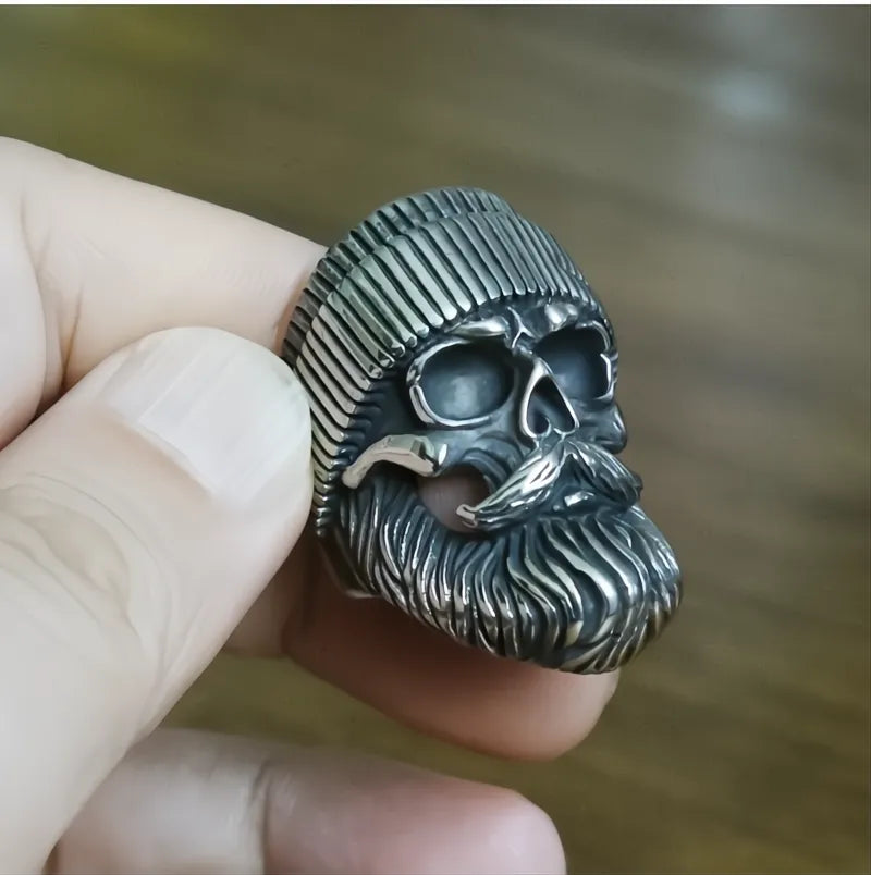 Punk Skull Ring Stainless Steel Men Boys Big Beard Hat Old Man Biker Hip Hop Jewelry Gift