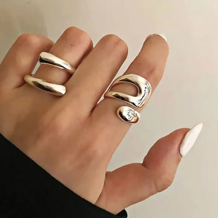 2PC Minimalist Geometric Silver Adjustable Rings for Women Gift Jewelry