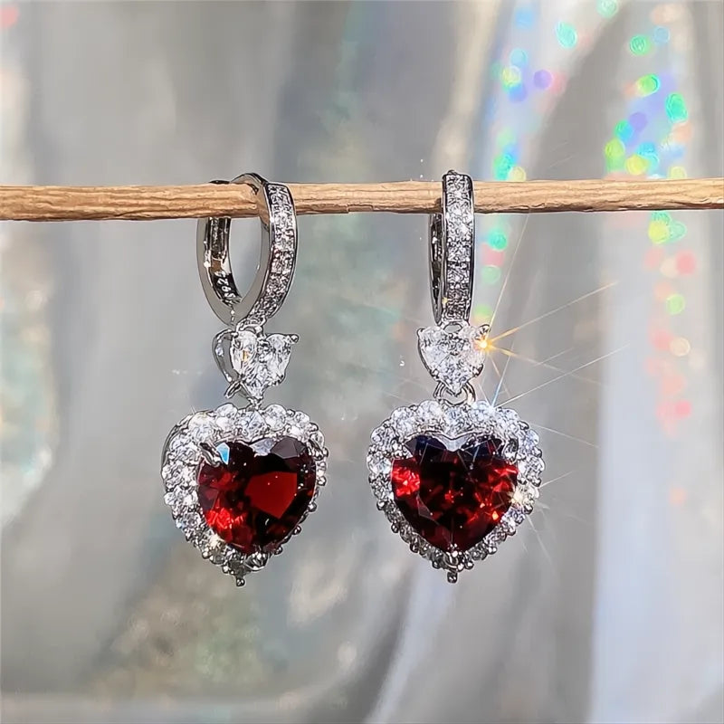 Blue Garnet Heart Cubic Zirconia Drop Earrings for Women Wedding Engagement Jewelry