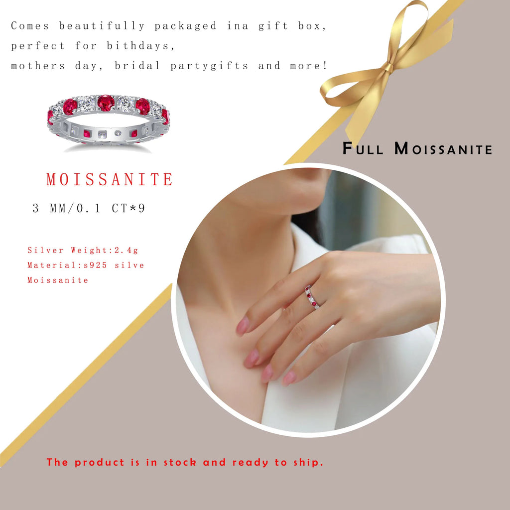 18K Gold & 925 Sterling Silver Plated 3mm Moissanite Eternity Band Ring Women Men