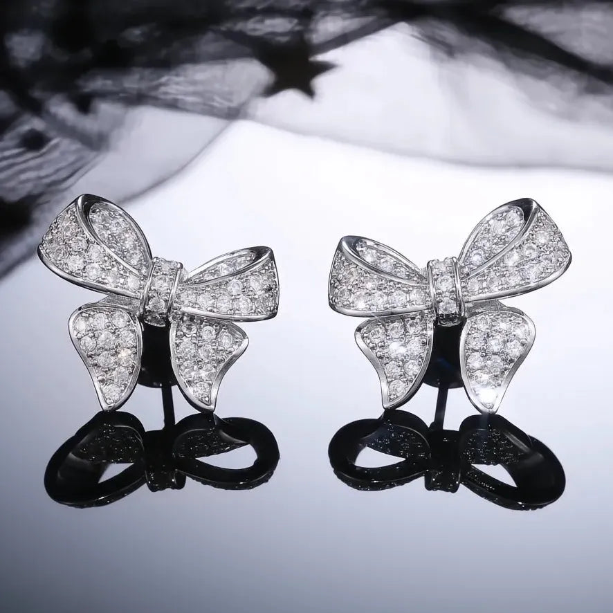Romantic Bowknot Women Stud Earrings Cubic Zirconia Crystal Delicate Fashion Jewelry