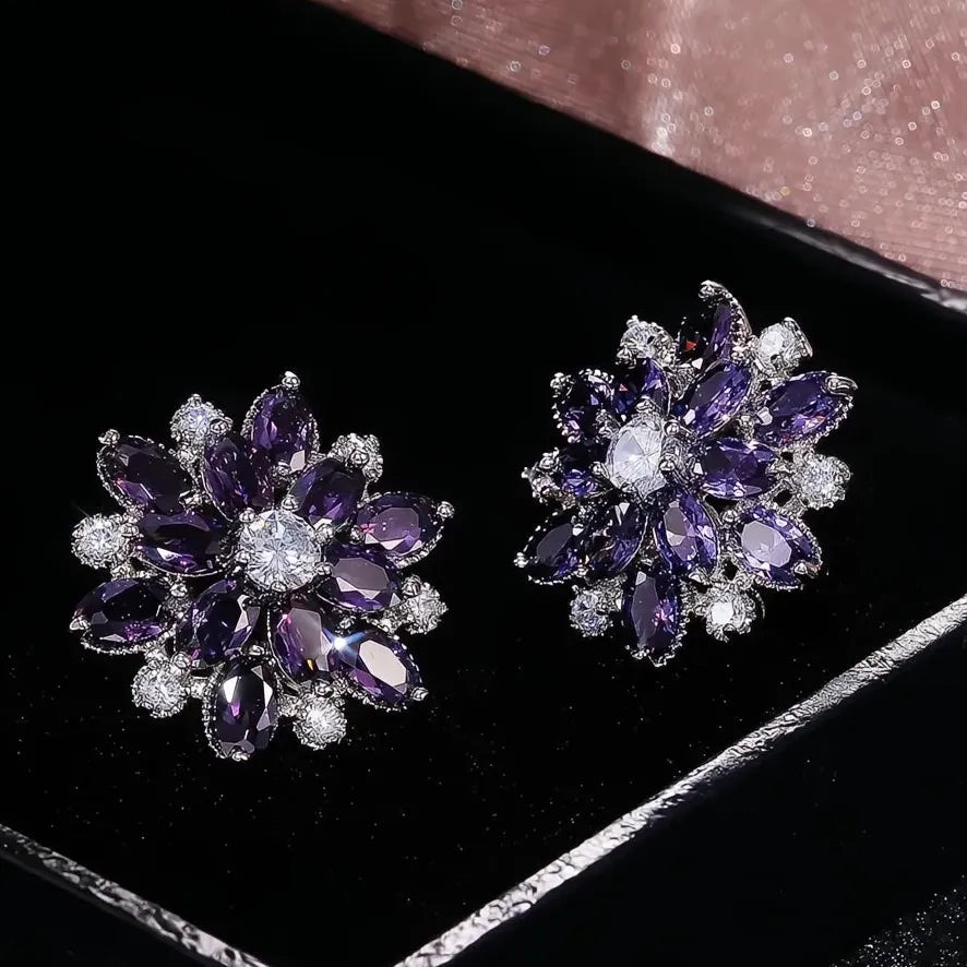 Double Layer Flower Stud Earrings with Cubic Zirconia Brass, 7 Colors Gift