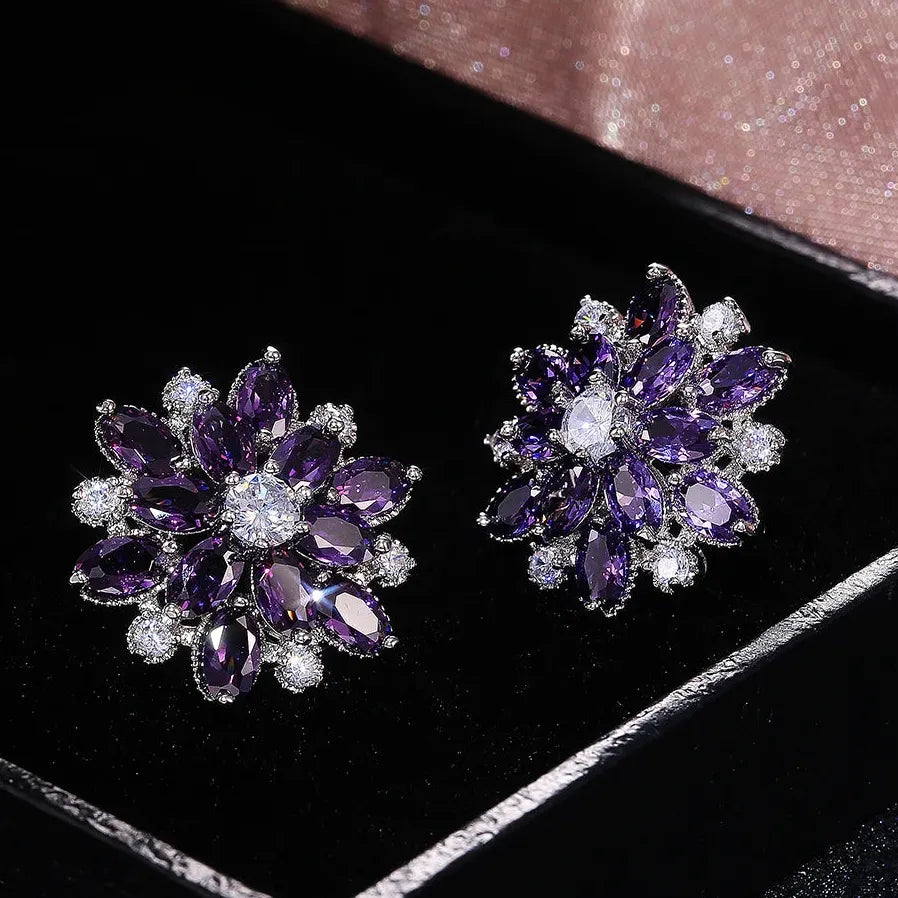 Double Layer Flower Stud Earrings for Women in 7 Colors with Cubic Zirconia