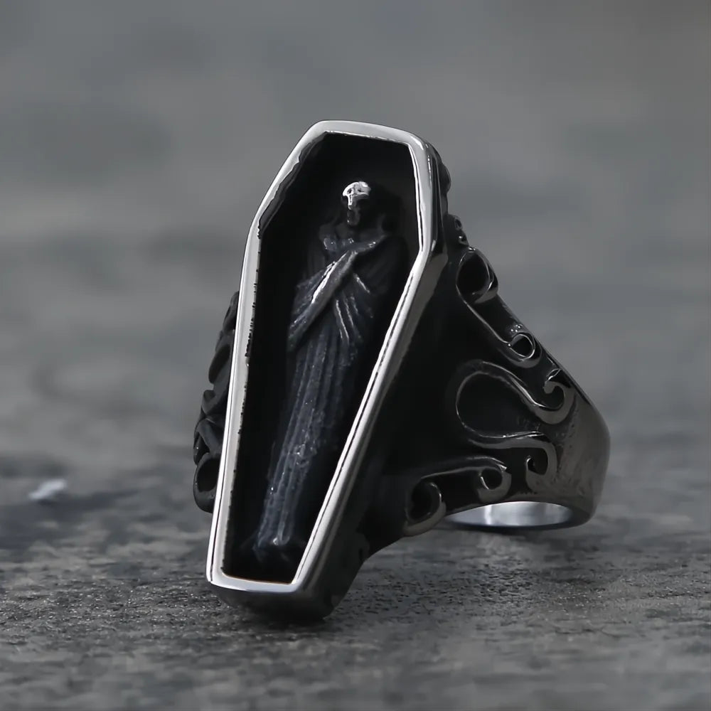 2️⃣ Vampire Skull Ring Black Stainless Steel Punk Gothic Ring Men