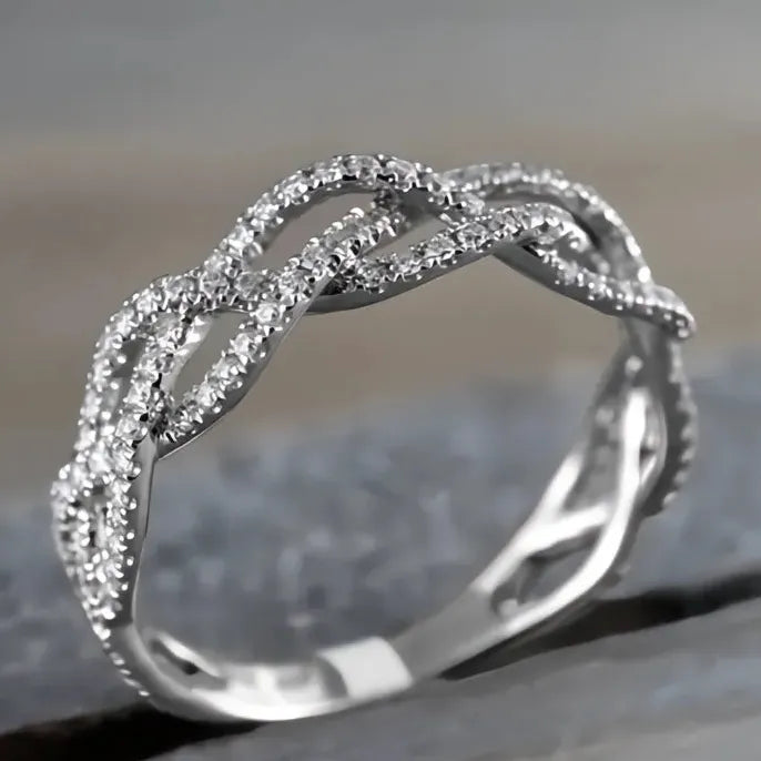 Women's Brass Geometric Twist CZ Cubic Zirconia Wedding Band Ring