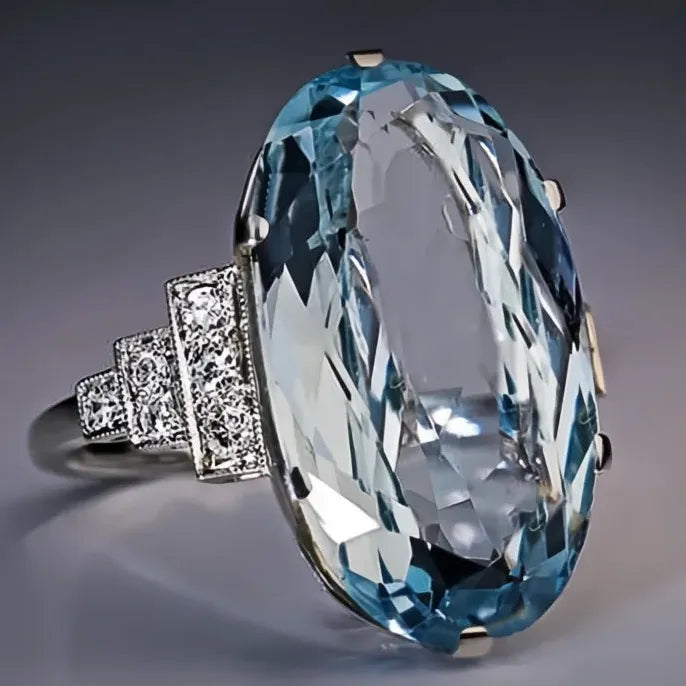 Female Light Sky Blue Wedding Ring Oval CZ Stone Solitaire Band Luxury Jewelry Party Gift