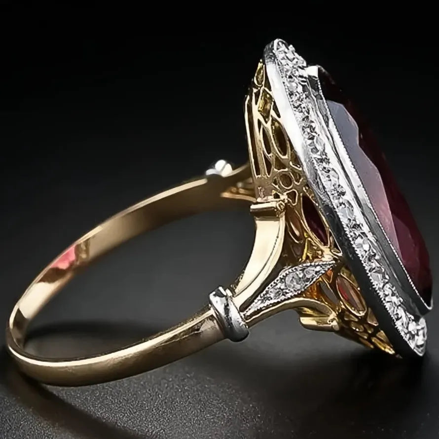 Elegant Women’s Wedding Party Oval Red CZ Two-Tone Brass Ring Gift