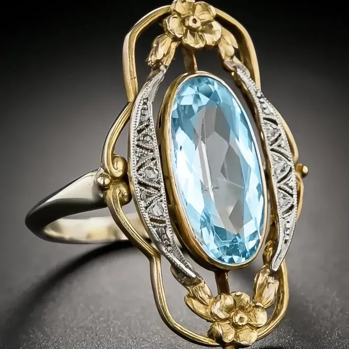 Vintage Two Tone Flower Design Women’s Ring with Inlaid Sky Blue Cubic Zirconia Party Jewelry Gift