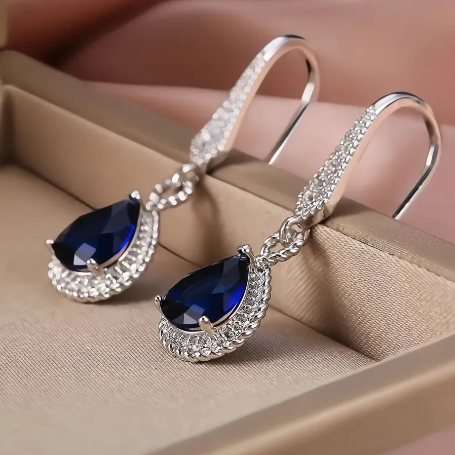 AAA Blue Cubic Zirconia Drop Earrings Women Wedding Party Jewelry Copper Alloy