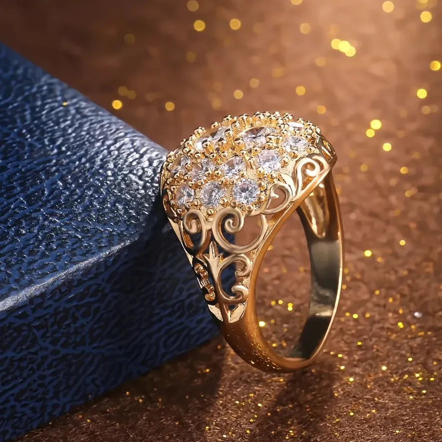 Gorgeous Gold Color Bridal Wedding Ring with Full Cubic Zirconia, Trendy Women’s Party Jewelry