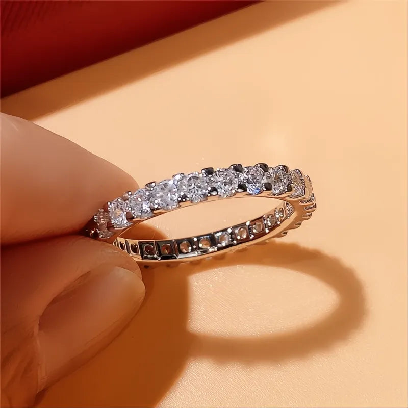 Trendy Thin Silver Color Band Ring with Shiny Cubic Zirconia for Women Daily Wear