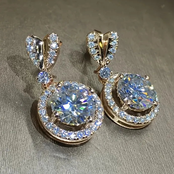 Gold Heart Copper Alloy Stud Earrings with Large Round CZ Pendant for Women