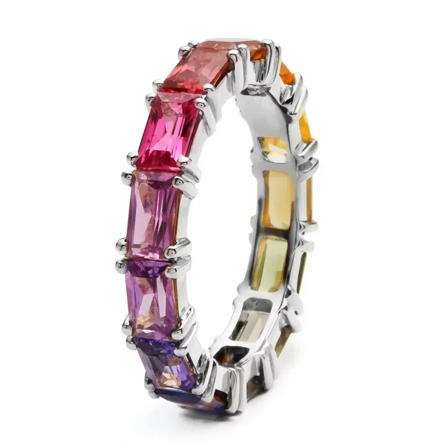 Luxury Girls Rainbow Rings Colorful Cubic Zirconia Brass Geometric Jewelry Gift