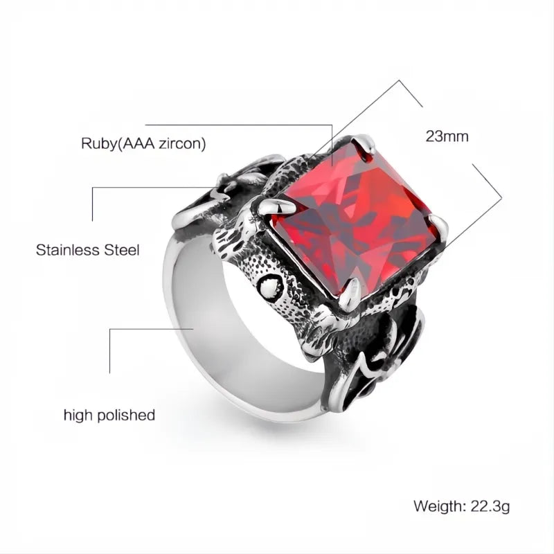 Men's Stainless Steel Viking Dragon Claw Ring with Large Zircon Stone Nordic Axe Punk Biker Jewelry