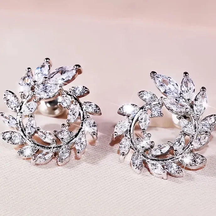 Olive Branch Leaf Stud Earrings for Women Copper Alloy Cubic Zirconia Wedding Jewelry