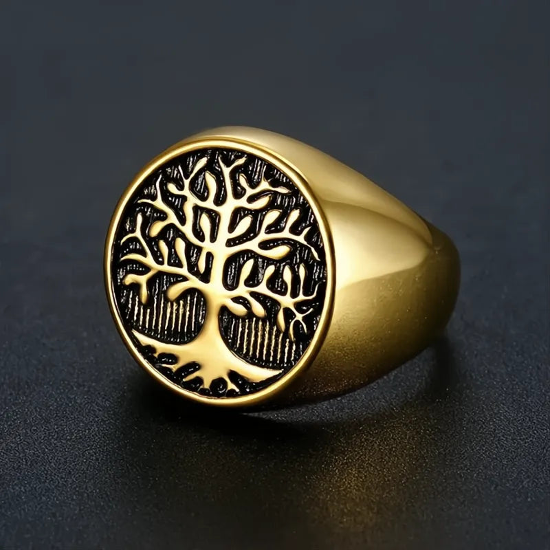 Classic Tree of Life Viking Signet Ring 316L Stainless Steel Gold Silver Men US 7-15