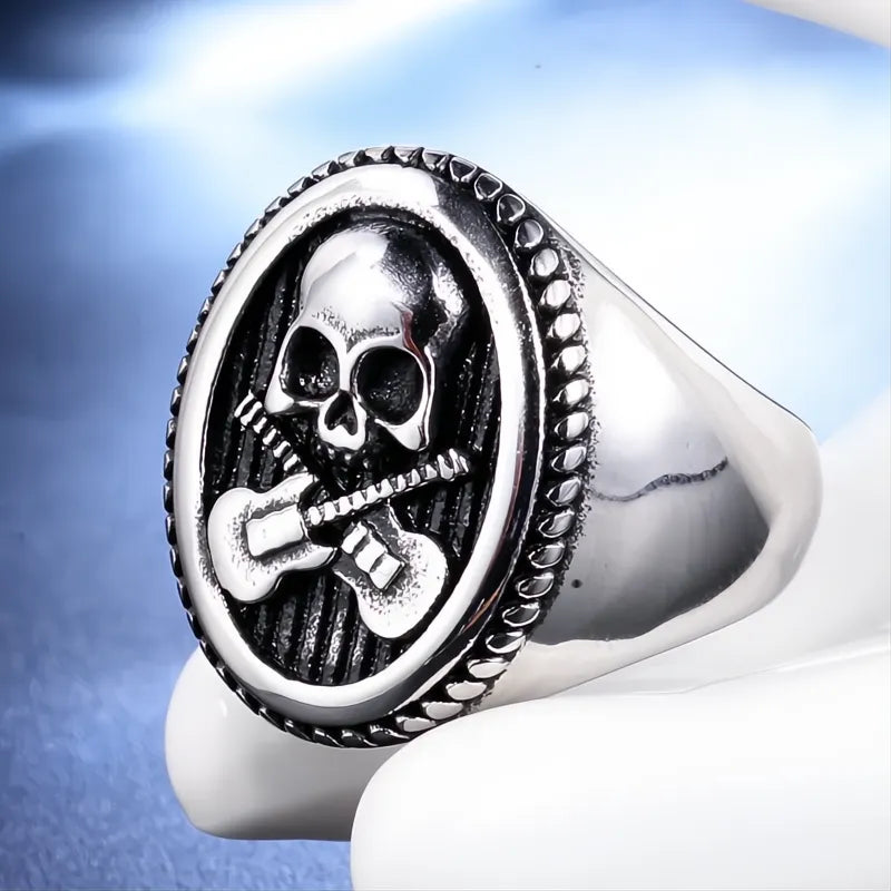 316L Stainless Steel Guitar Skull Ring Men Punk Rock Biker Signet Gold Silver Gift