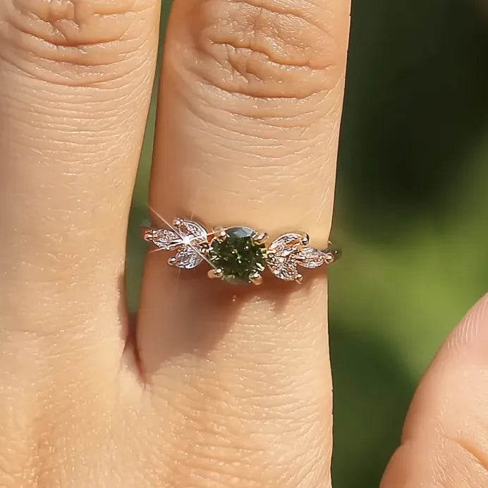 Delicate Women’s Gold Wedding Ring Olive Green Round Zircon Leaf Gift