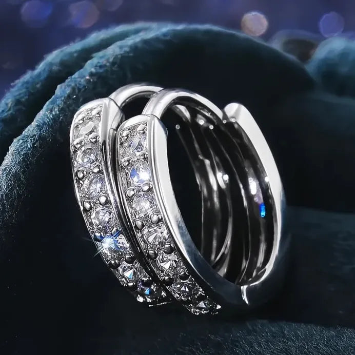 Geometric Silver Round Hoop Earrings with Shiny CZ Crystals for Women