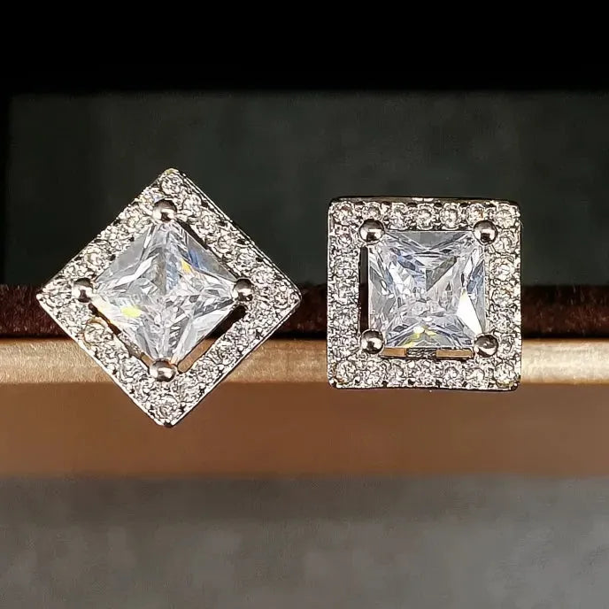Vintage Princess Cut Cubic Zirconia Stud Earrings Silver Tone Geometric Women Jewelry